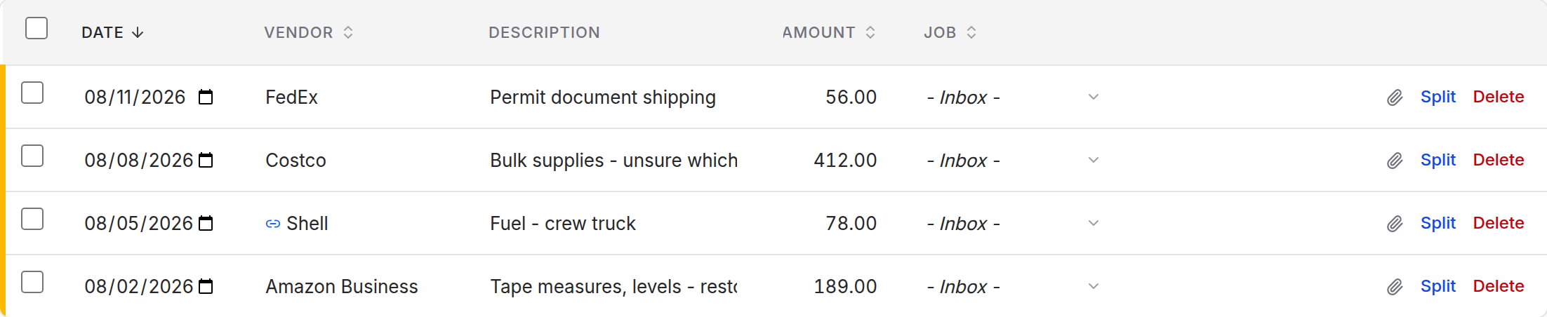 The transaction inbox listing bank charges that have not been assigned to a job yet, each row offering a job and category picker.