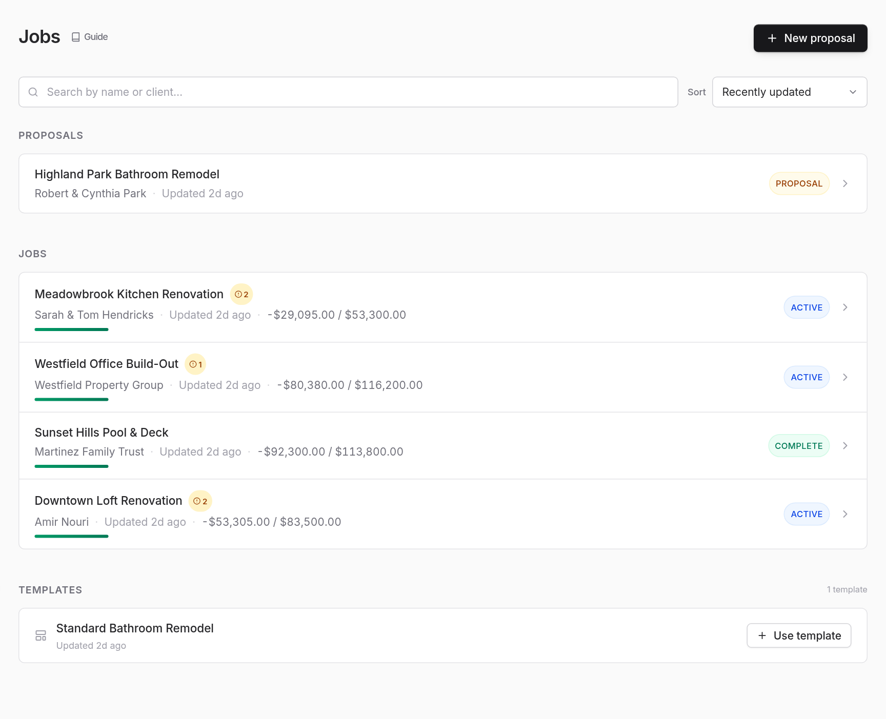 The jobs list showing proposals and active jobs side by side, each with its client name, contract value and progress.